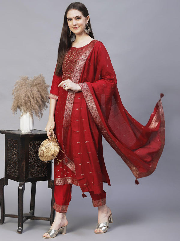 Ethnic Woven & Hand Embroidered Kurta with Pants & Dupatta - Maroon - Indiakreations