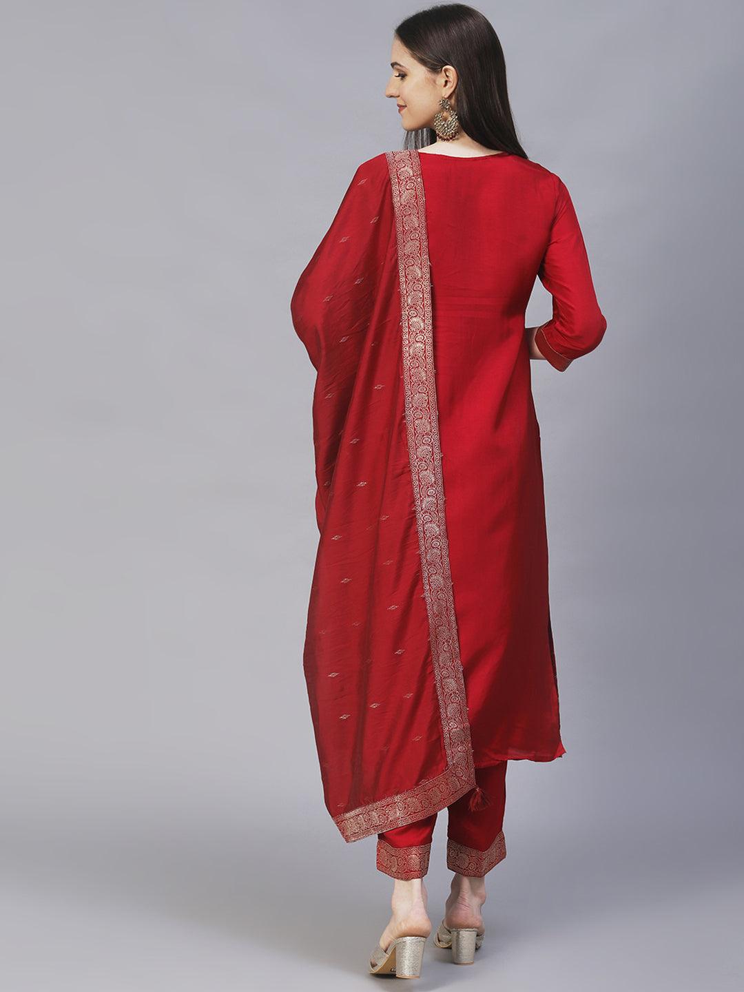 Ethnic Woven & Hand Embroidered Kurta with Pants & Dupatta - Maroon - Indiakreations