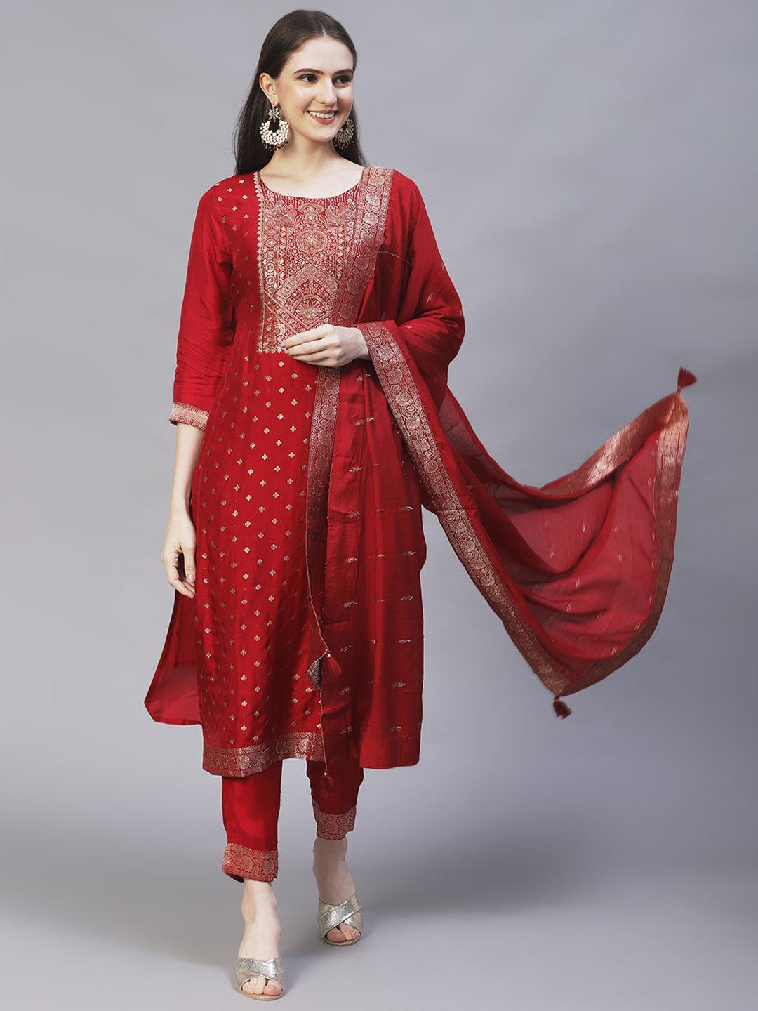 Ethnic Woven & Hand Embroidered Kurta with Pants & Dupatta - Maroon - Indiakreations