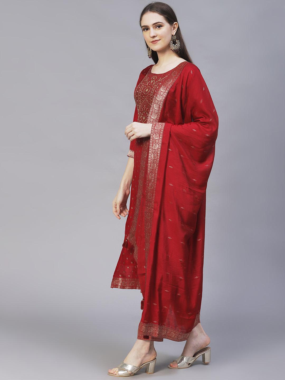 Ethnic Woven & Hand Embroidered Kurta with Pants & Dupatta - Maroon - Indiakreations