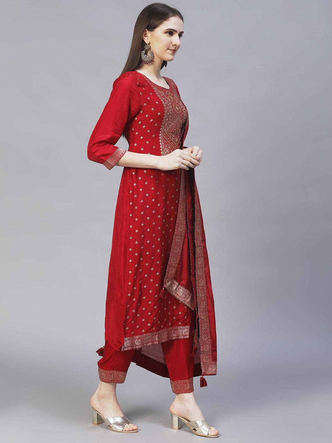 Ethnic Woven & Hand Embroidered Kurta with Pants & Dupatta - Maroon - Indiakreations