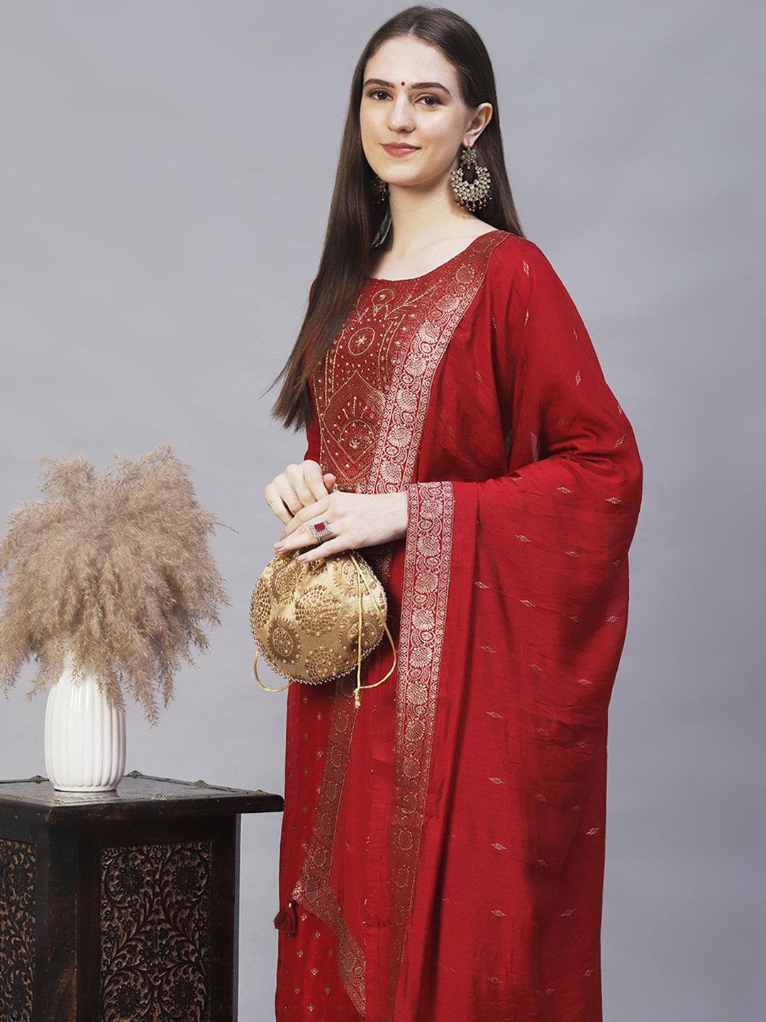 Ethnic Woven & Hand Embroidered Kurta with Pants & Dupatta - Maroon - Indiakreations