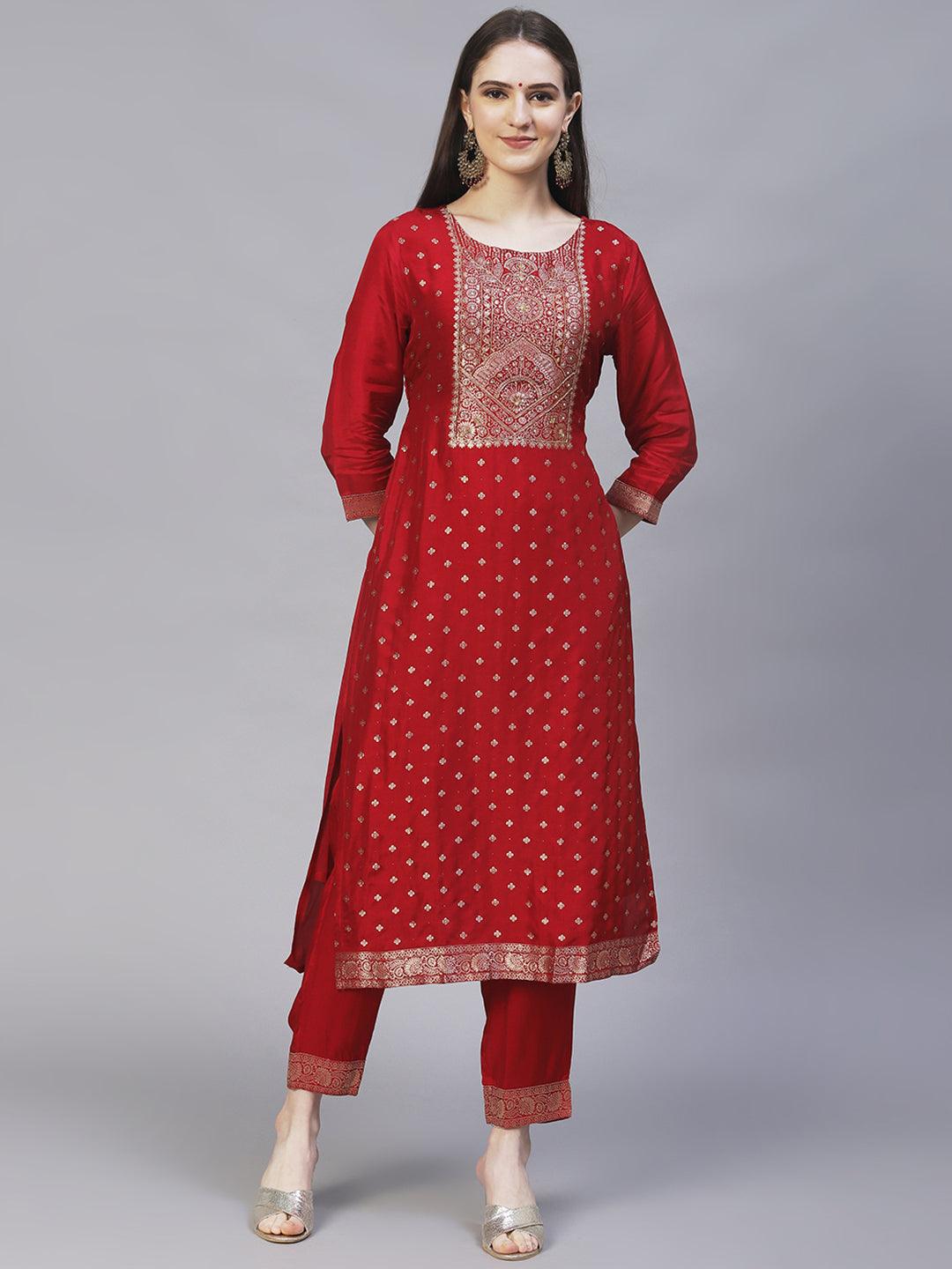 Ethnic Woven & Hand Embroidered Kurta with Pants & Dupatta - Maroon - Indiakreations