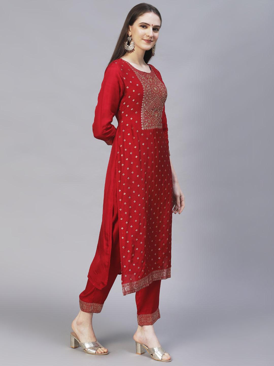 Ethnic Woven & Hand Embroidered Kurta with Pants & Dupatta - Maroon - Indiakreations