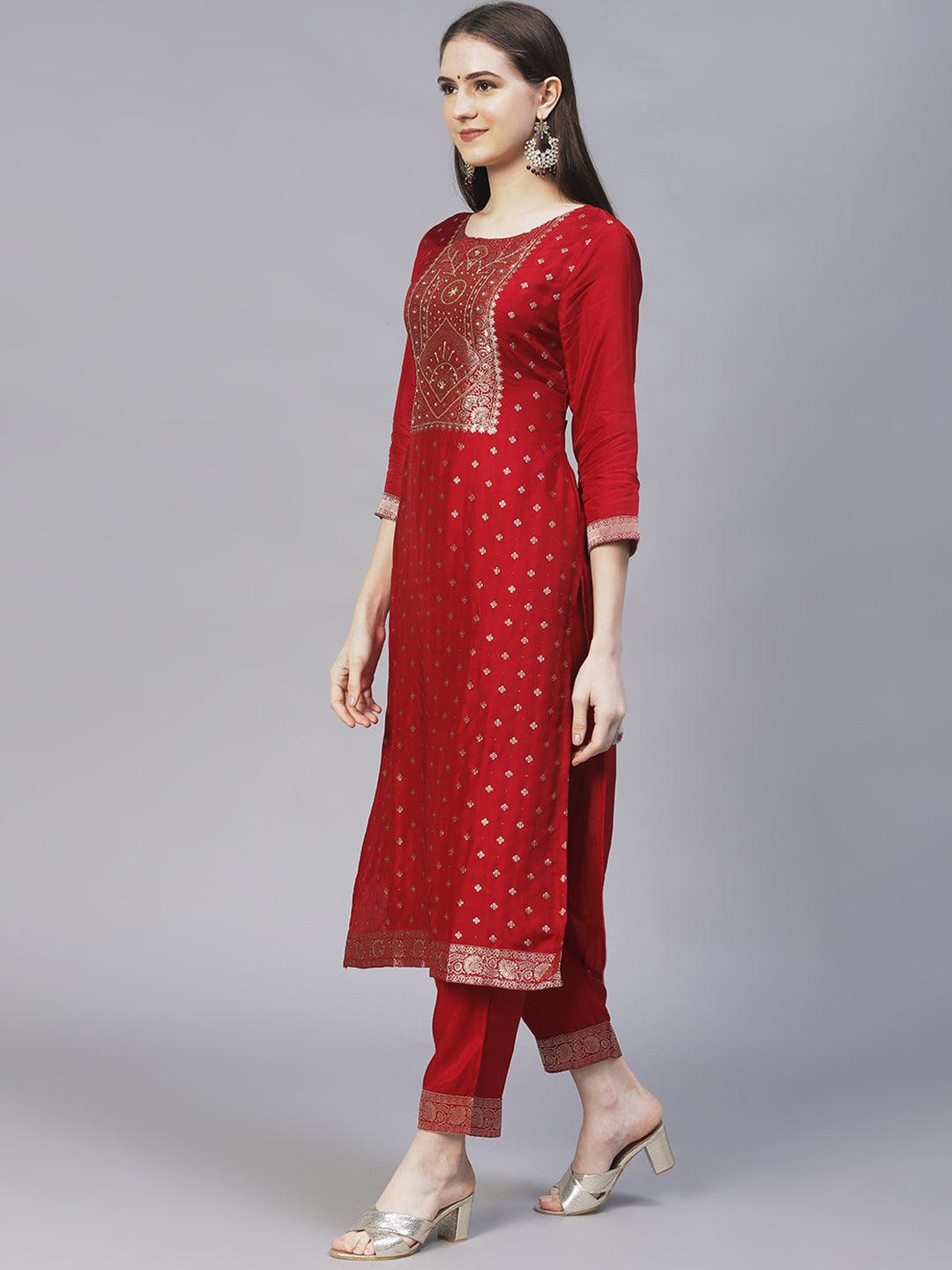 Ethnic Woven & Hand Embroidered Kurta with Pants & Dupatta - Maroon - Indiakreations