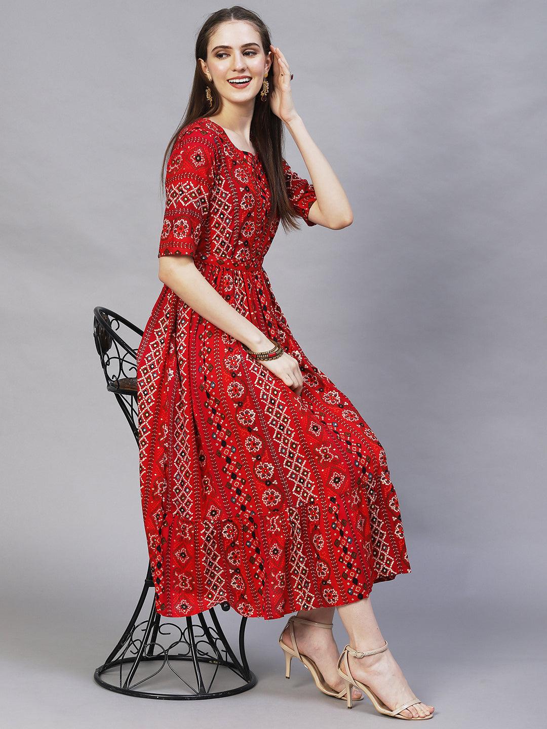 Bandhani Printed & Hand Embroidered A-Line Midi Dress - Multi - Indiakreations