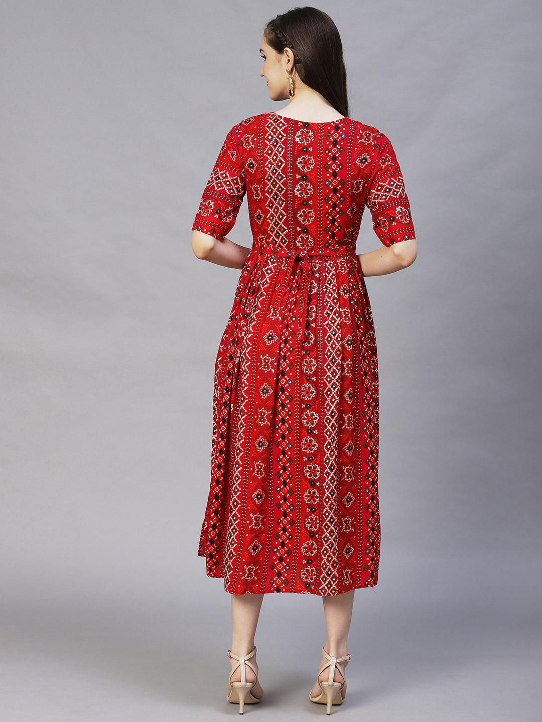 Bandhani Printed & Hand Embroidered A-Line Midi Dress - Multi - Indiakreations