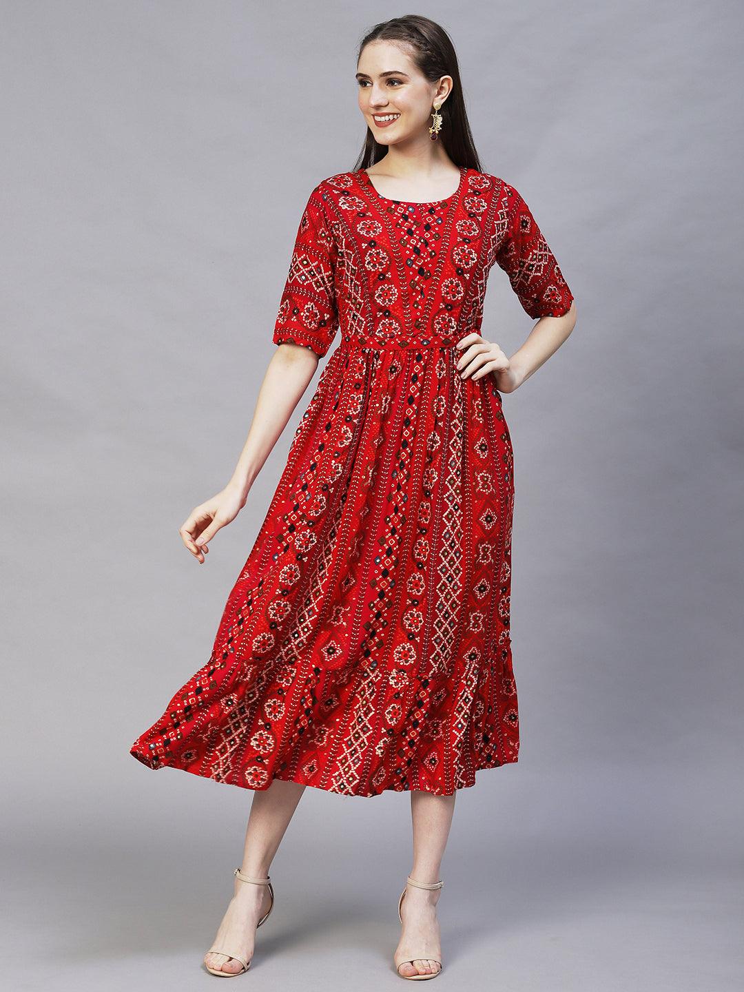 Bandhani Printed & Hand Embroidered A-Line Midi Dress - Multi - Indiakreations