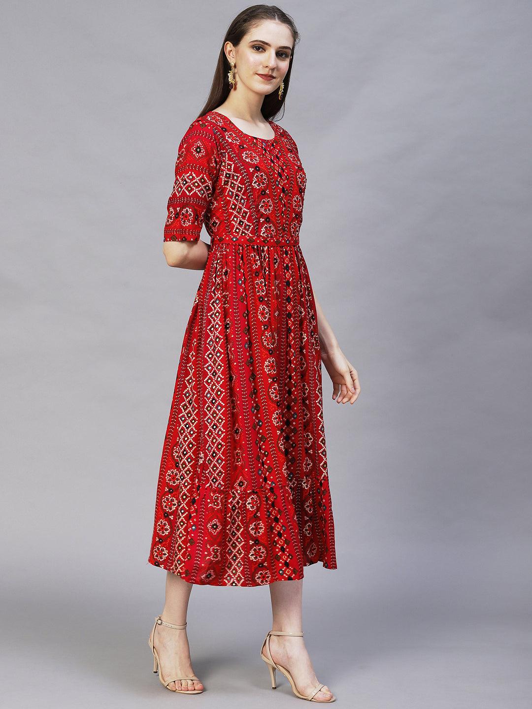 Bandhani Printed & Hand Embroidered A-Line Midi Dress - Multi - Indiakreations