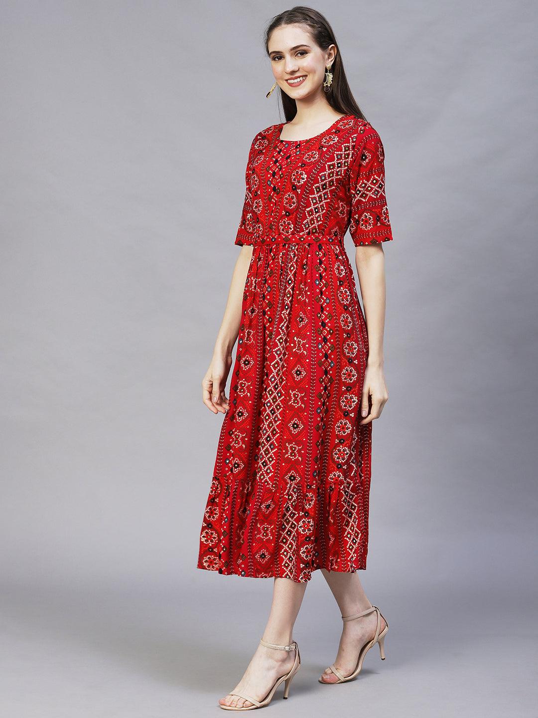 Bandhani Printed & Hand Embroidered A-Line Midi Dress - Multi - Indiakreations