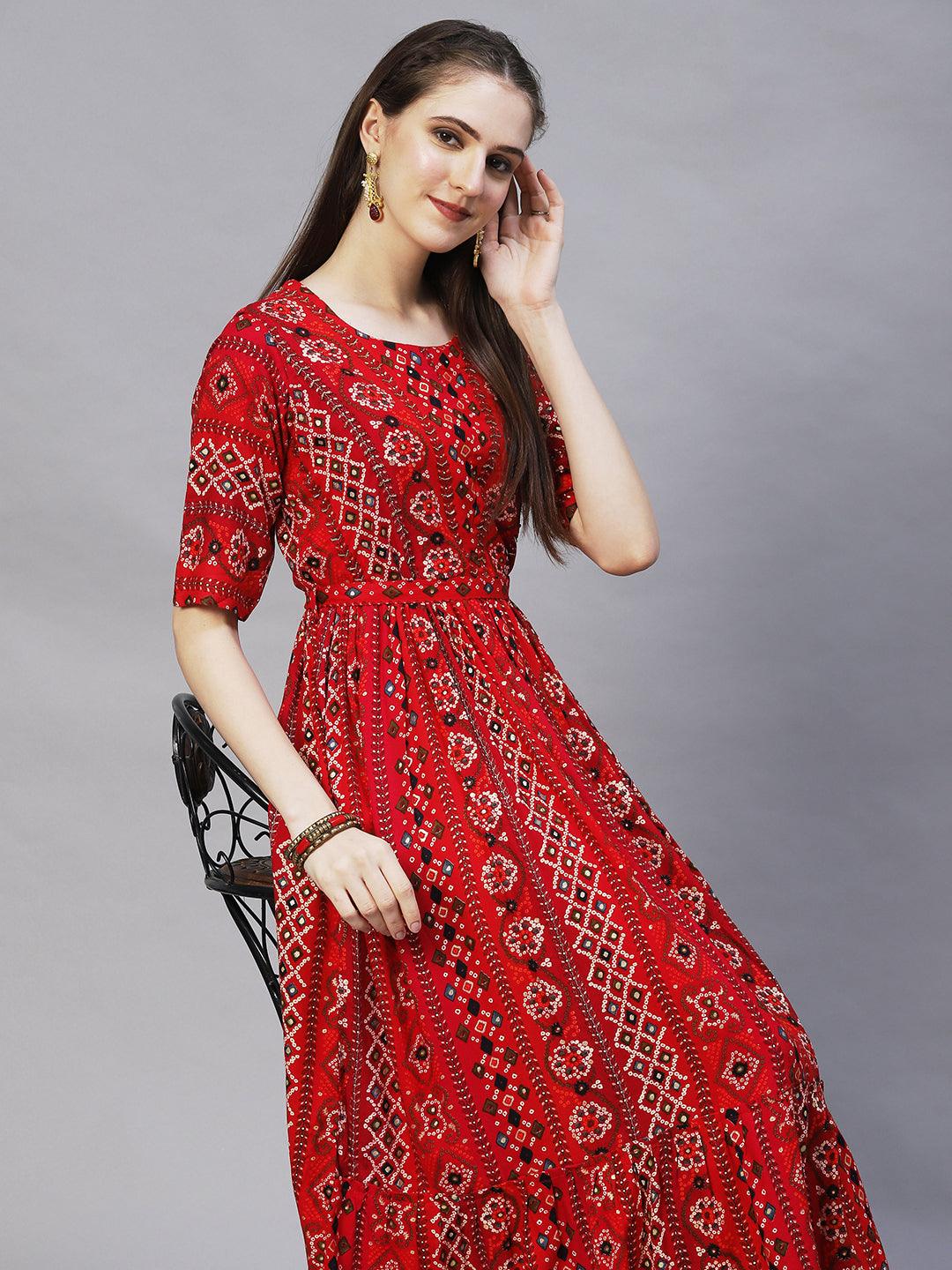 Bandhani Printed & Hand Embroidered A-Line Midi Dress - Multi - Indiakreations