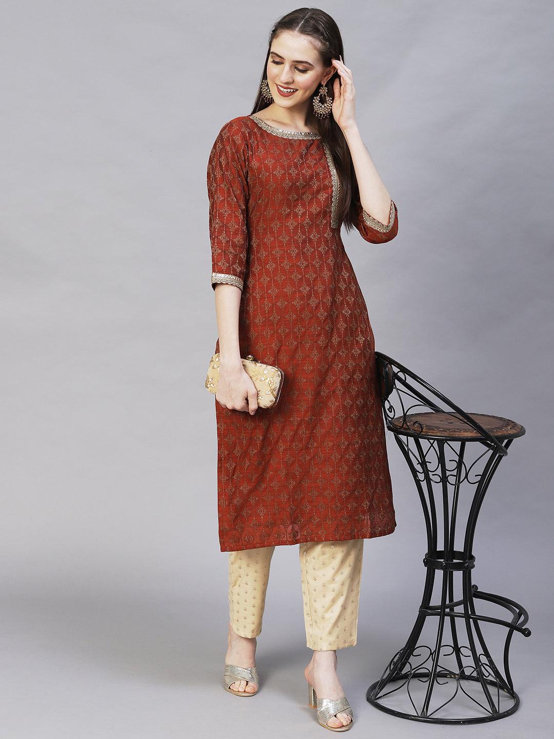 Ethnic Woven & Embroidered Straight Fit Kurta – Rust - Indiakreations