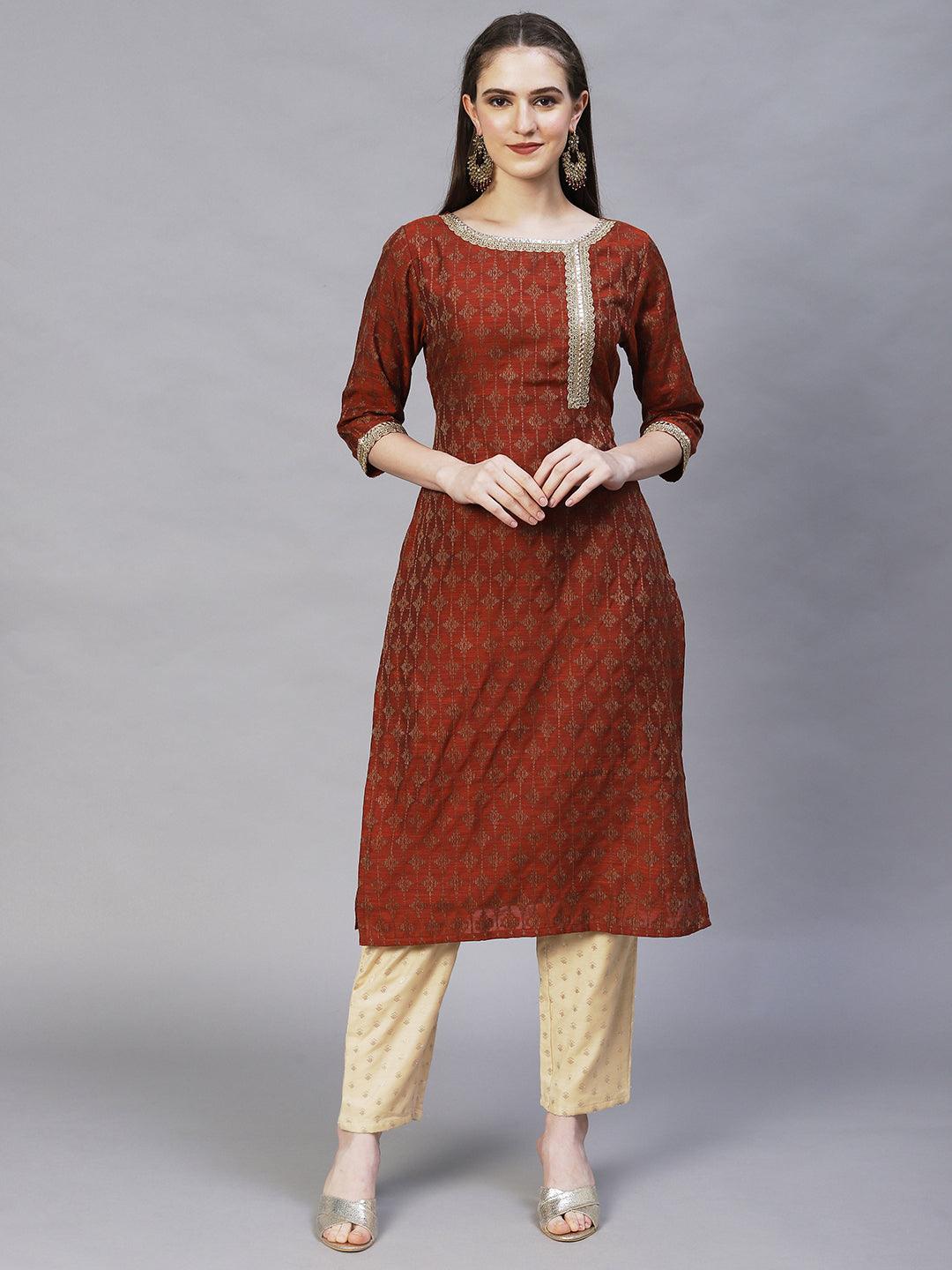 Ethnic Woven & Embroidered Straight Fit Kurta – Rust - Indiakreations