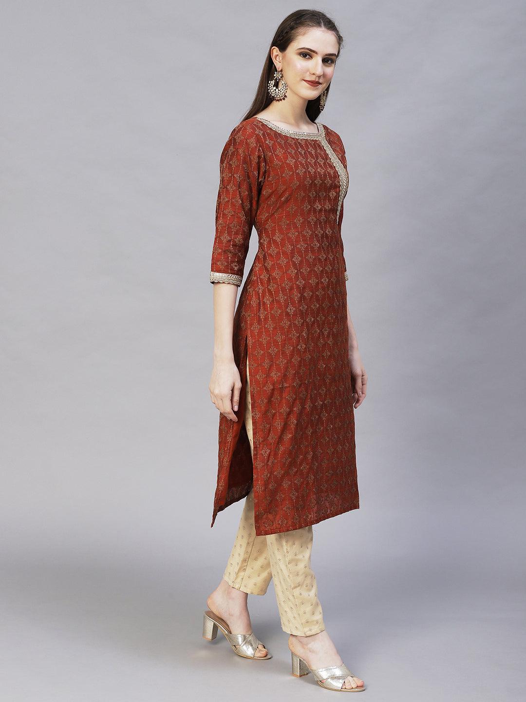 Ethnic Woven & Embroidered Straight Fit Kurta – Rust - Indiakreations