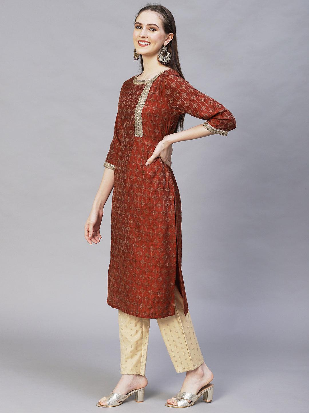 Ethnic Woven & Embroidered Straight Fit Kurta – Rust - Indiakreations