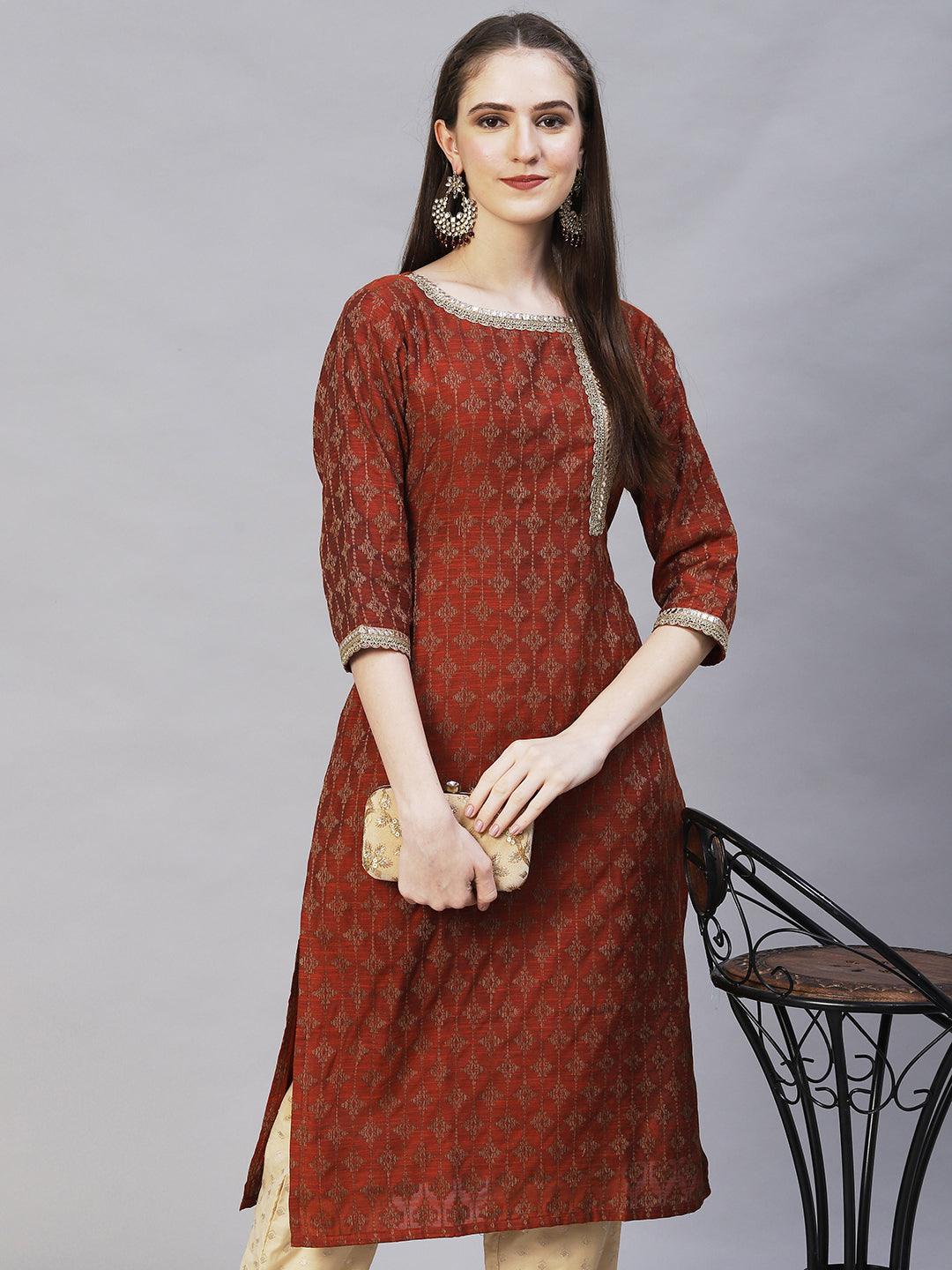 Ethnic Woven & Embroidered Straight Fit Kurta – Rust - Indiakreations