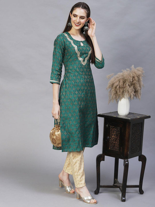 Ethnic Woven & Embroidered Straight Fit Kurta – Dark Green - Indiakreations