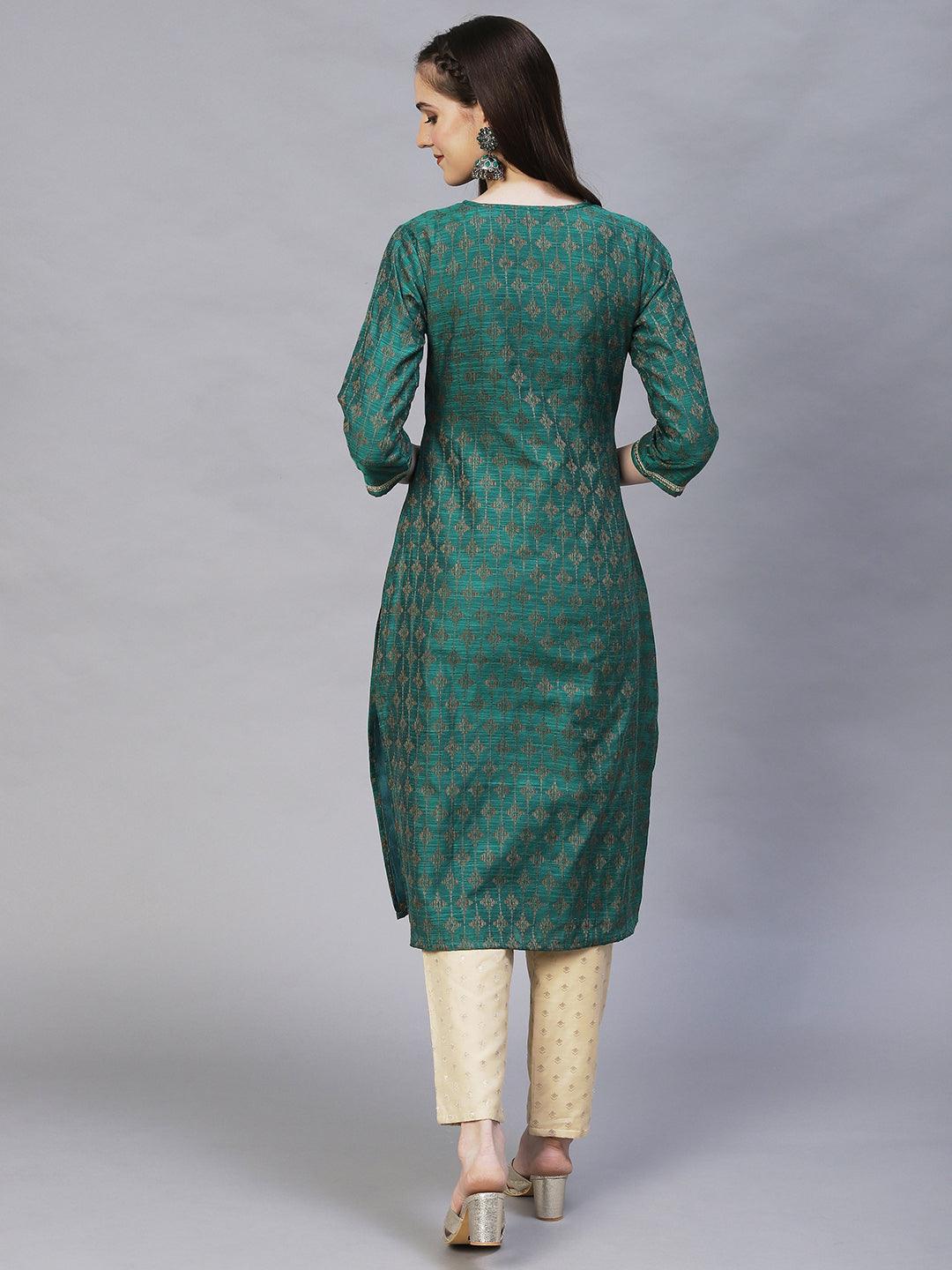 Ethnic Woven & Embroidered Straight Fit Kurta – Dark Green - Indiakreations