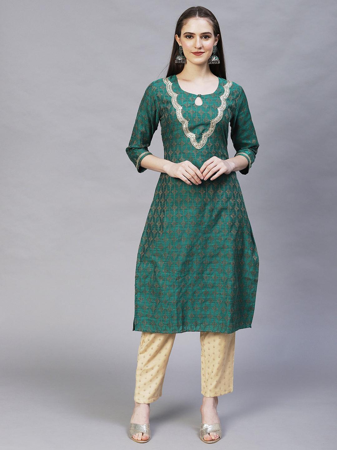 Ethnic Woven & Embroidered Straight Fit Kurta – Dark Green - Indiakreations