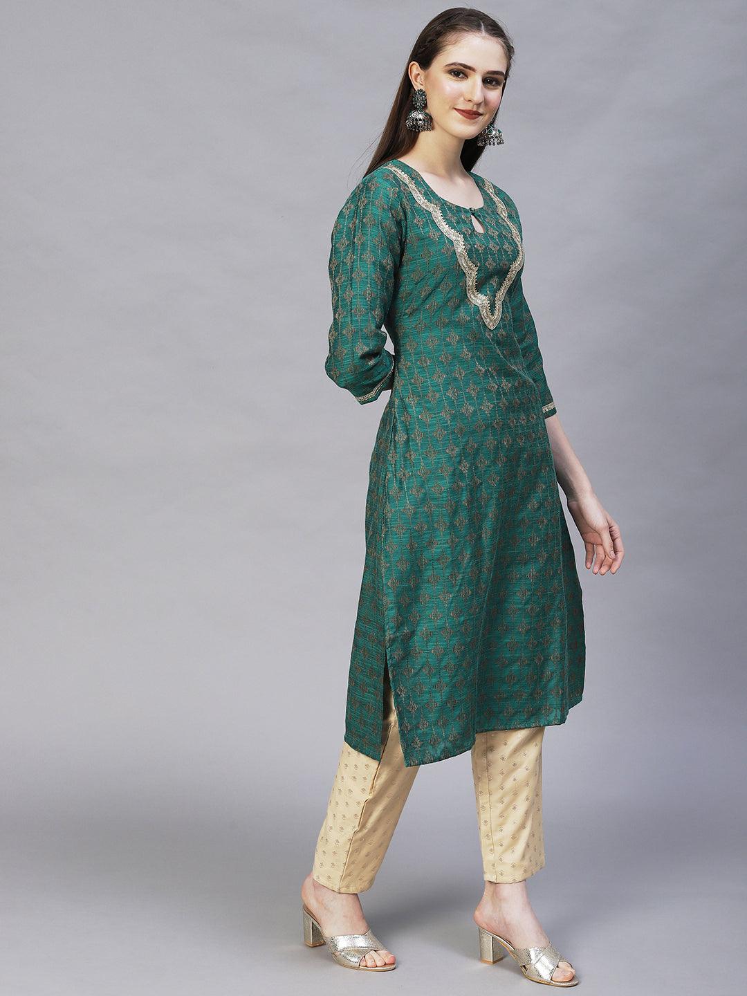 Ethnic Woven & Embroidered Straight Fit Kurta – Dark Green - Indiakreations