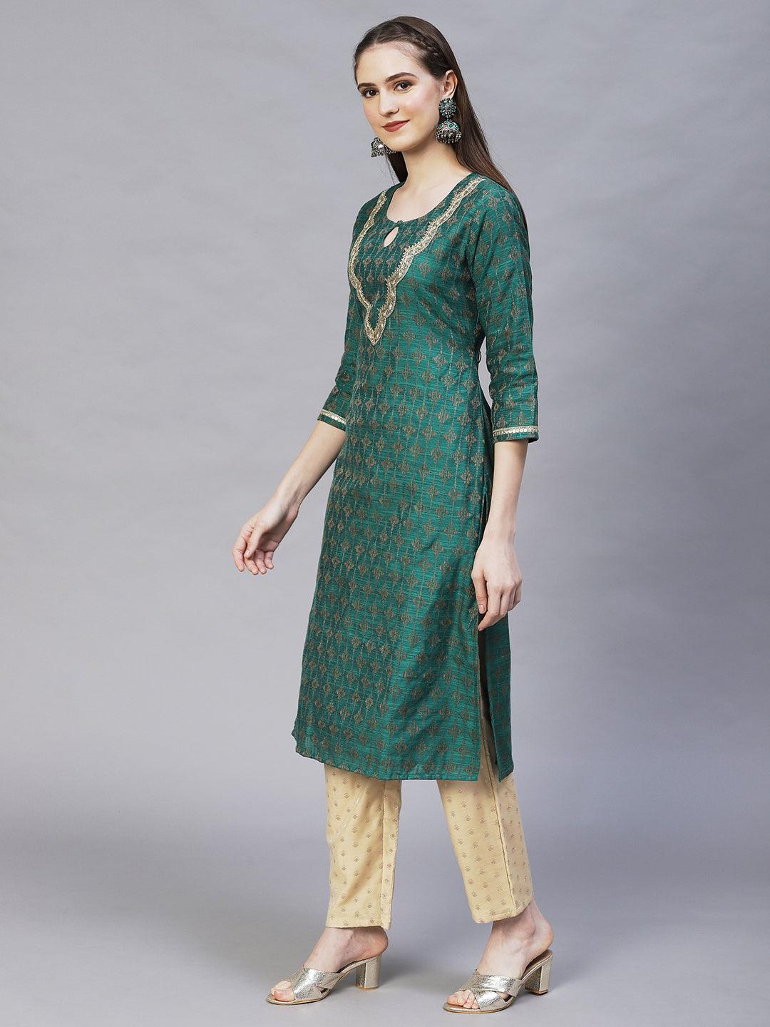 Ethnic Woven & Embroidered Straight Fit Kurta – Dark Green - Indiakreations