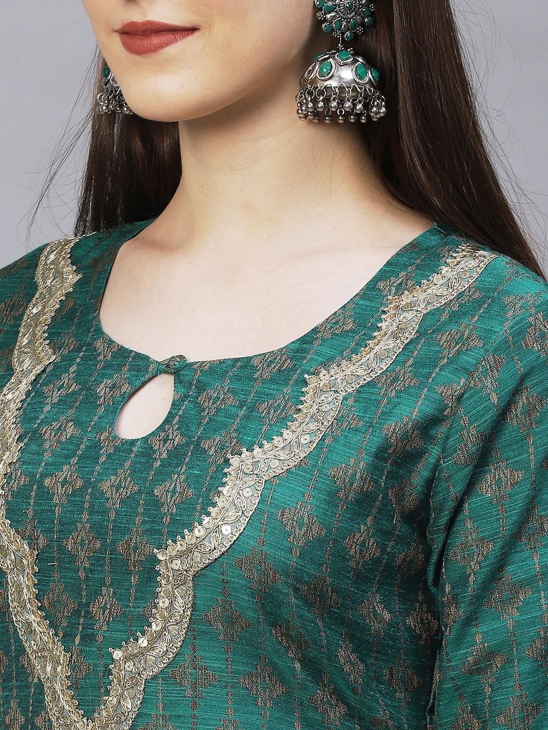 Ethnic Woven & Embroidered Straight Fit Kurta – Dark Green - Indiakreations