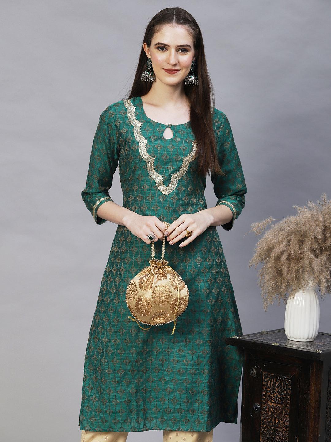 Ethnic Woven & Embroidered Straight Fit Kurta – Dark Green - Indiakreations