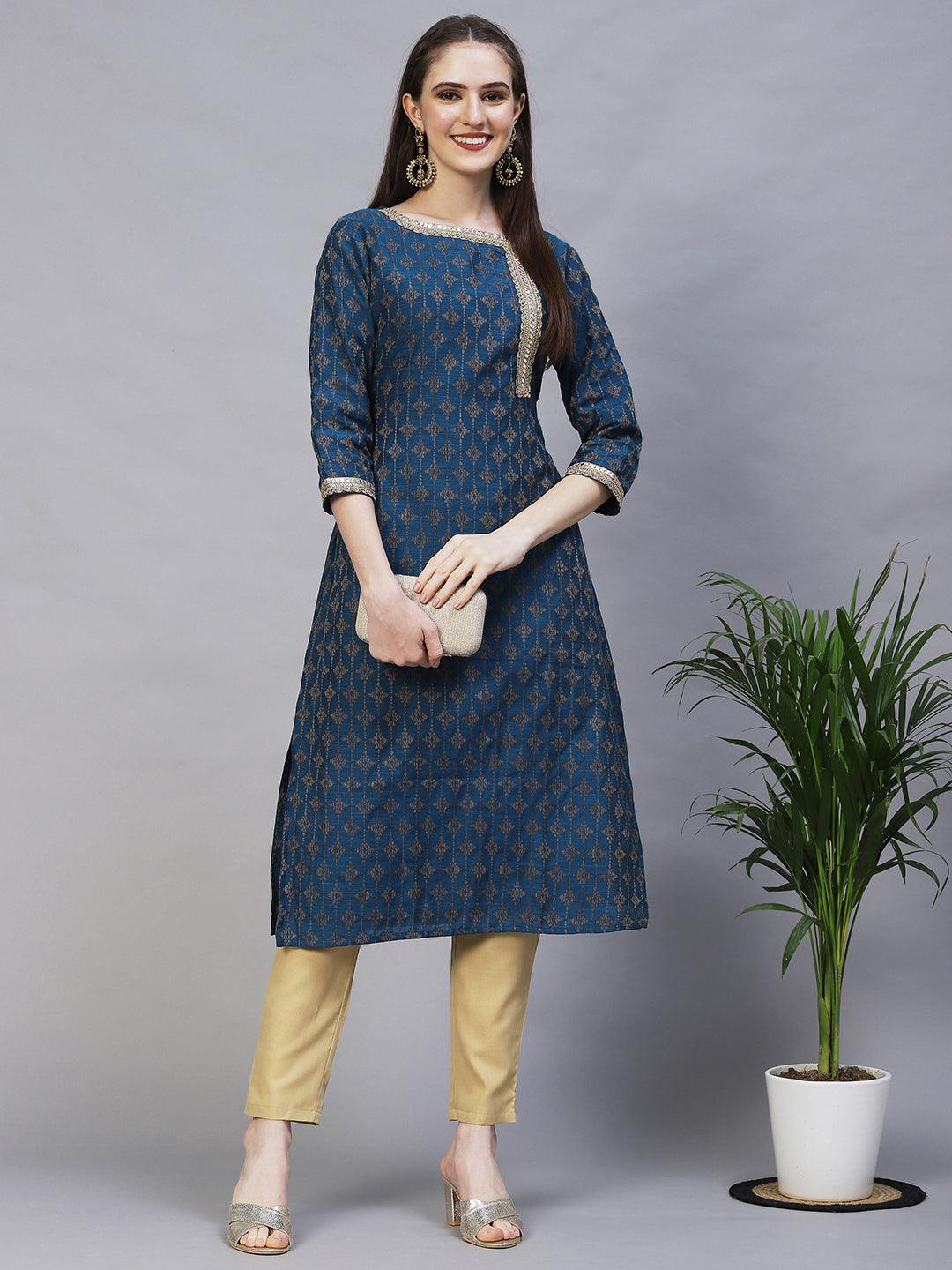 Ethnic Woven & Embroidered Straight Fit Kurta – Teal Blue - Indiakreations