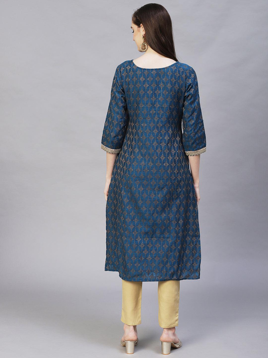 Ethnic Woven & Embroidered Straight Fit Kurta – Teal Blue - Indiakreations