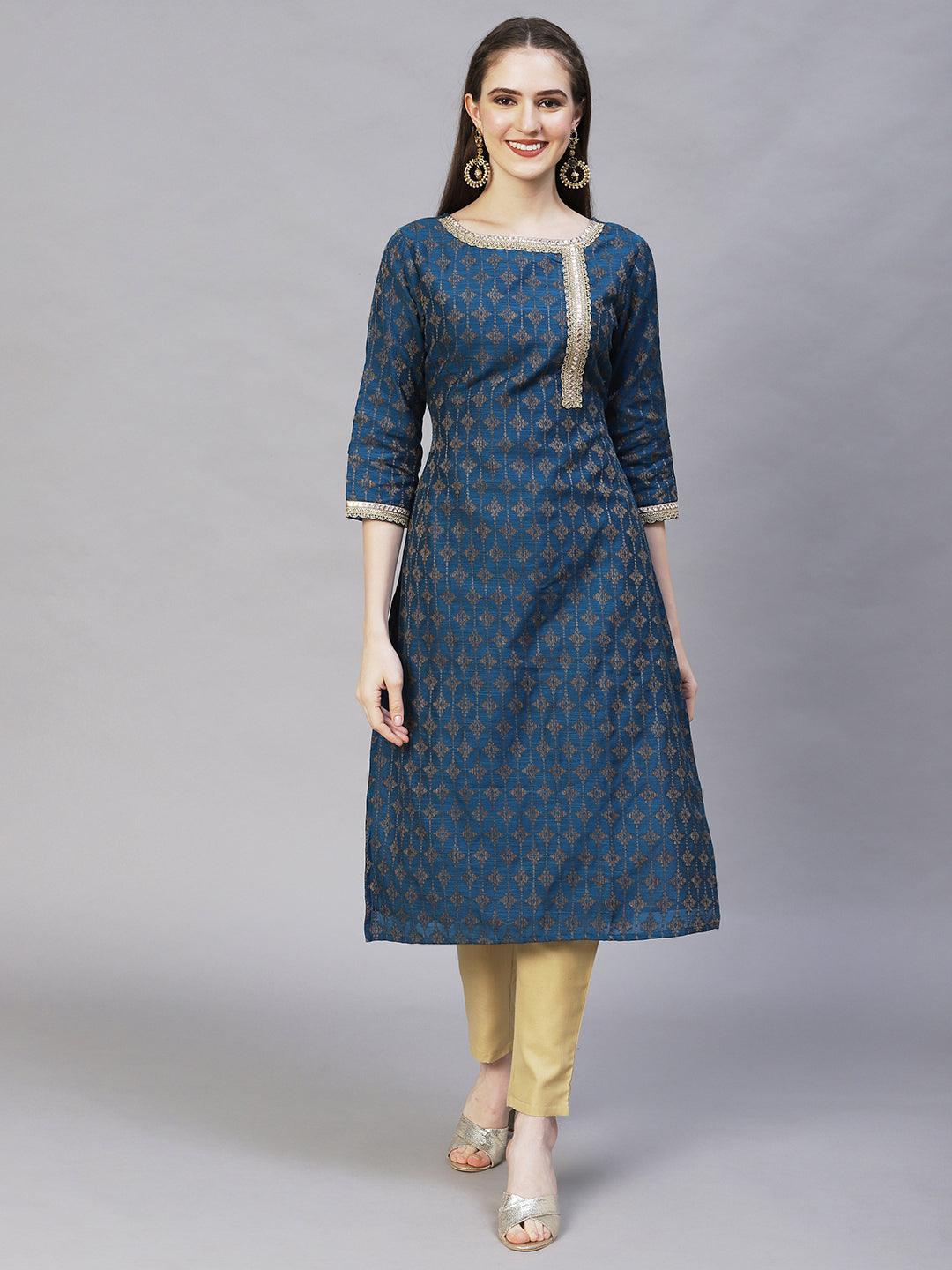 Ethnic Woven & Embroidered Straight Fit Kurta – Teal Blue - Indiakreations