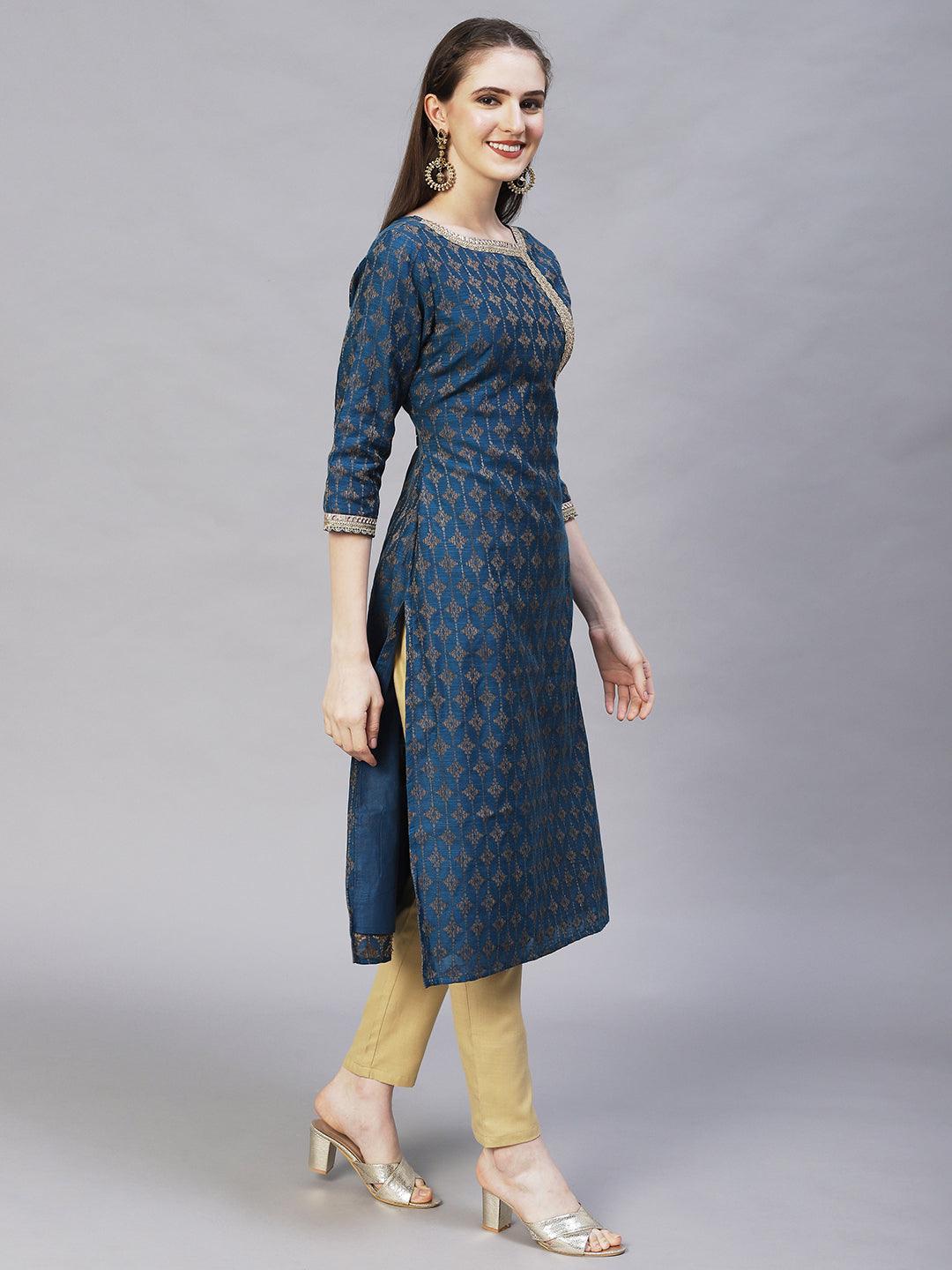 Ethnic Woven & Embroidered Straight Fit Kurta – Teal Blue - Indiakreations