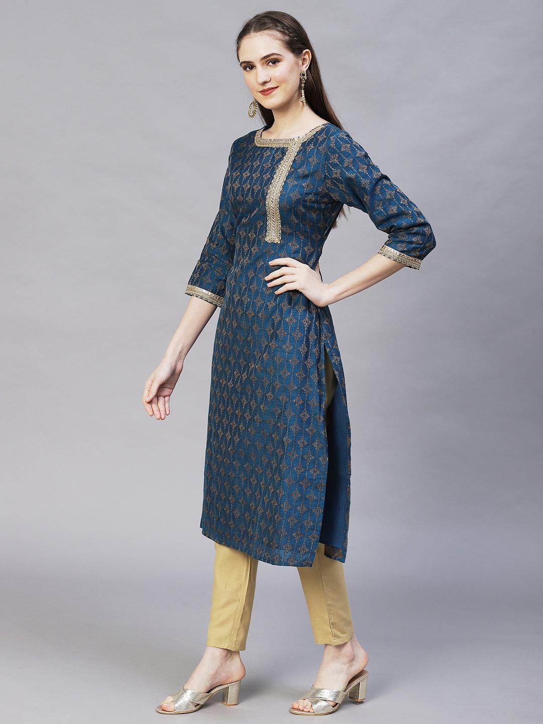 Ethnic Woven & Embroidered Straight Fit Kurta – Teal Blue - Indiakreations