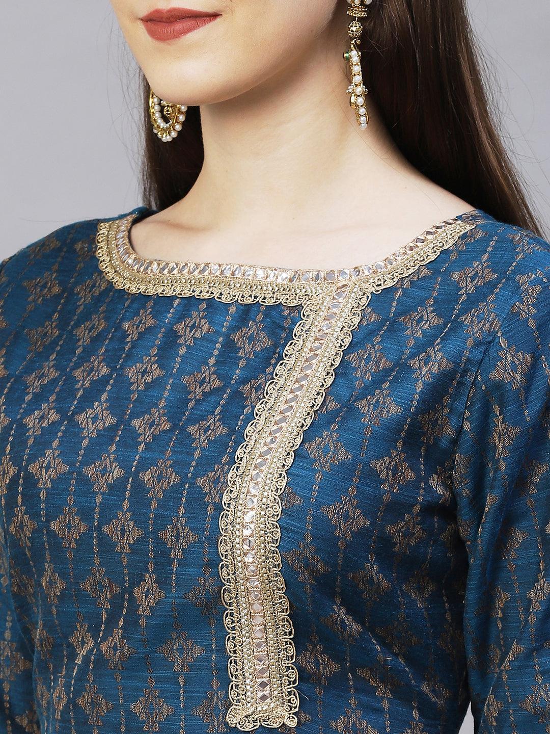 Ethnic Woven & Embroidered Straight Fit Kurta – Teal Blue - Indiakreations