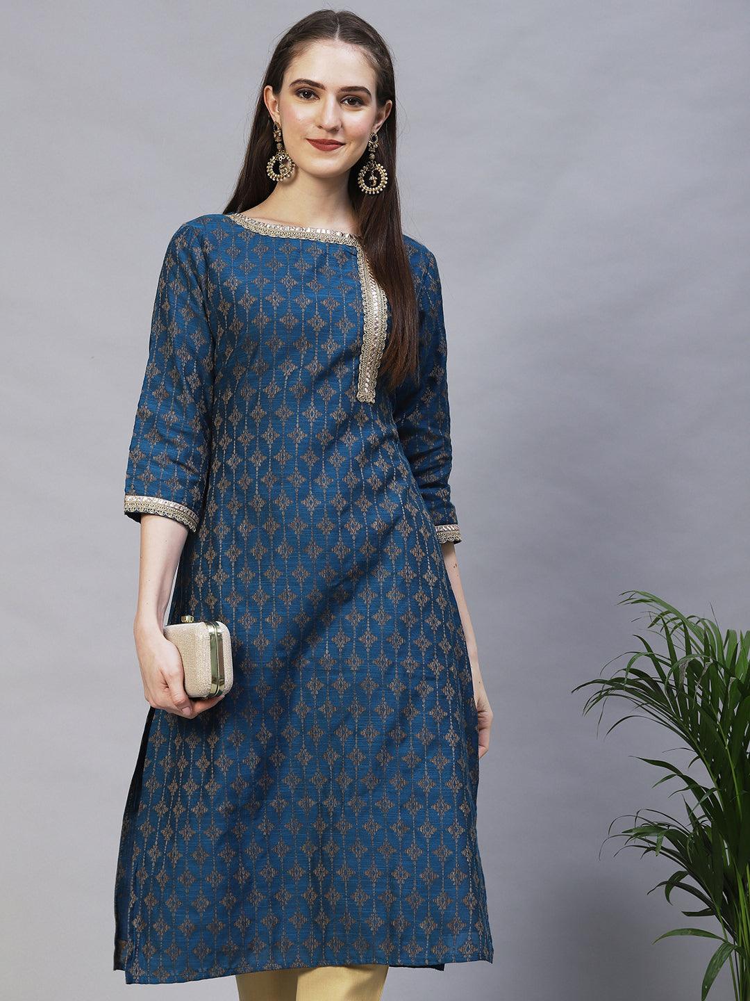 Ethnic Woven & Embroidered Straight Fit Kurta – Teal Blue - Indiakreations