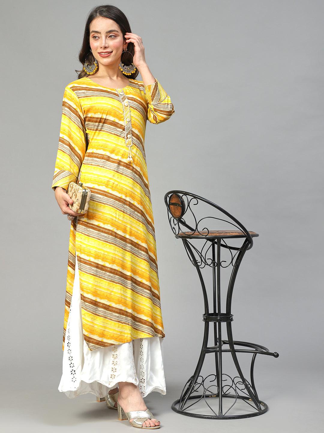 Stripes Printed & Embroidered Straight Fit Kurta – Multi - Indiakreations