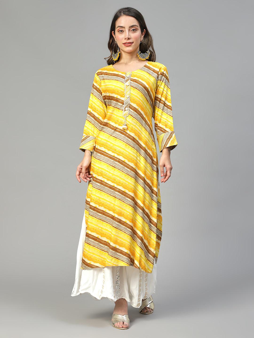 Stripes Printed & Embroidered Straight Fit Kurta – Multi - Indiakreations