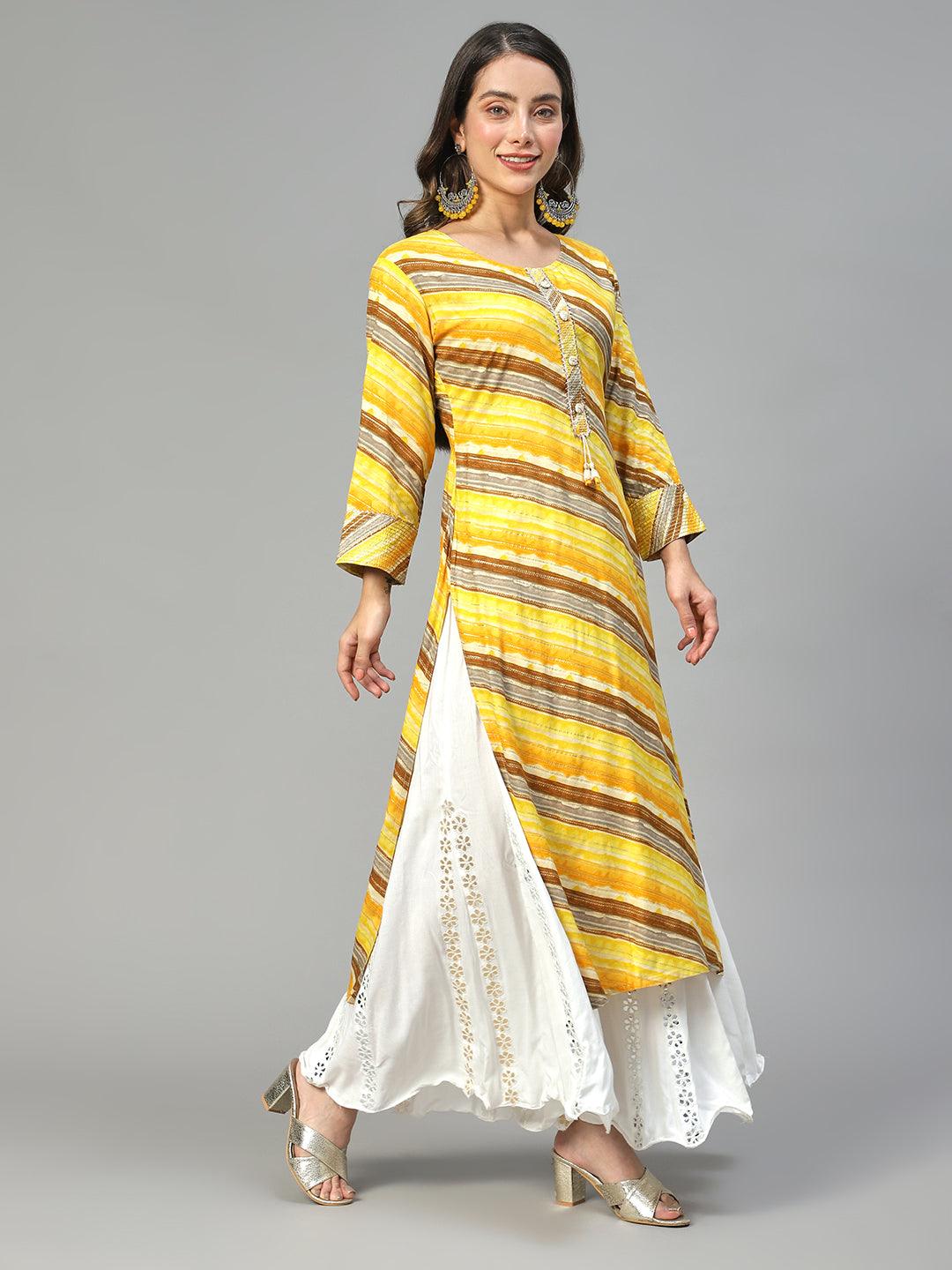 Stripes Printed & Embroidered Straight Fit Kurta – Multi - Indiakreations