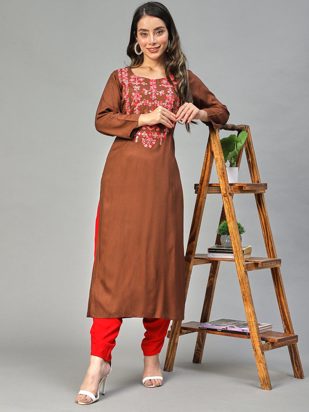 Ethnic Embroidered Straight Fit Kurta – Brown - Indiakreations