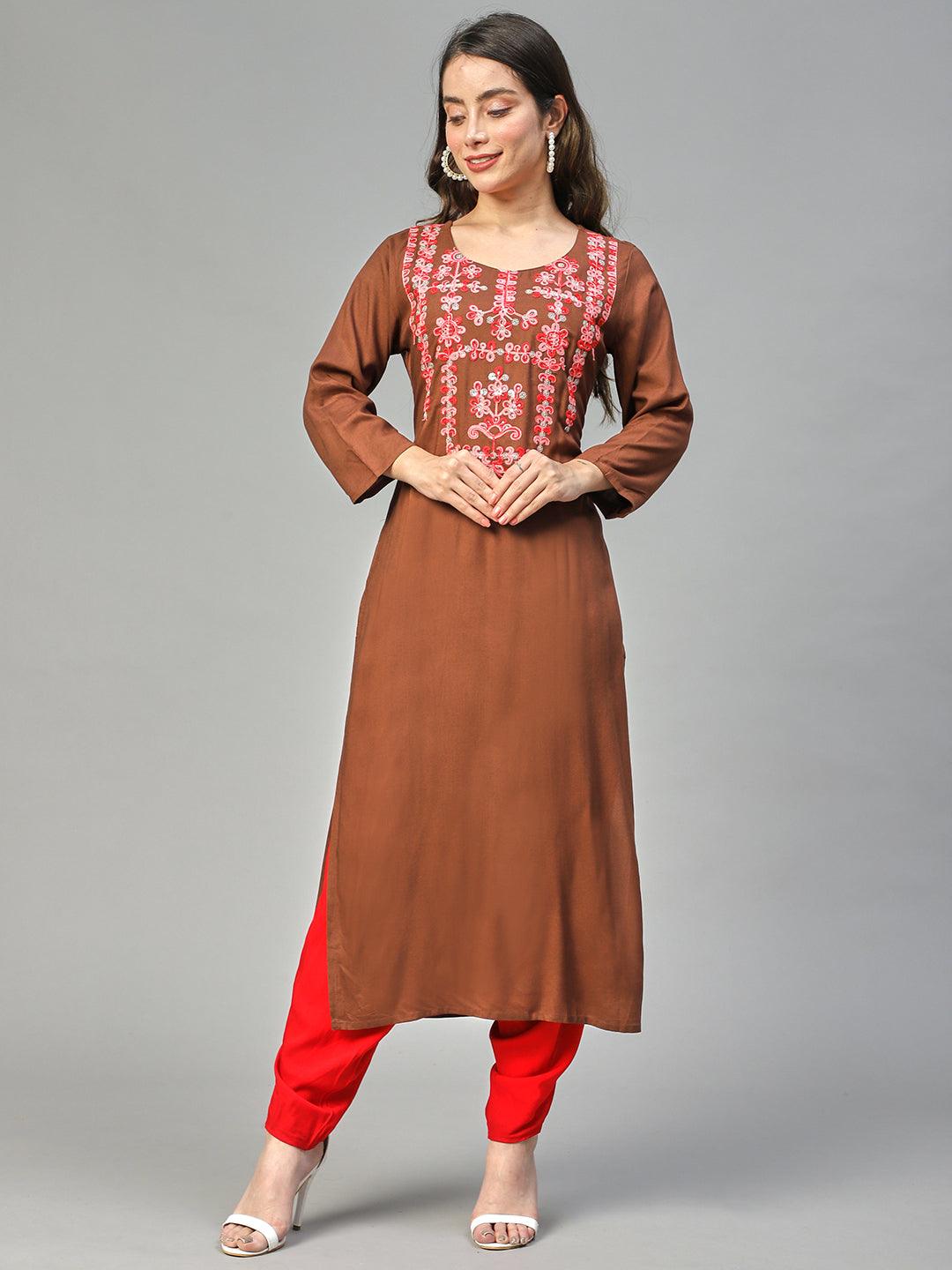 Ethnic Embroidered Straight Fit Kurta – Brown - Indiakreations