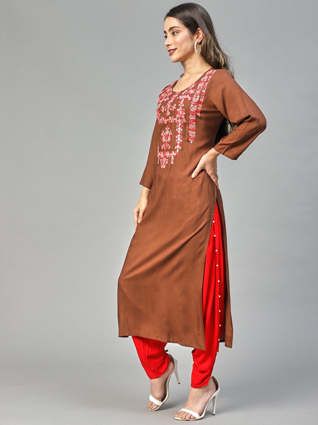 Ethnic Embroidered Straight Fit Kurta – Brown - Indiakreations