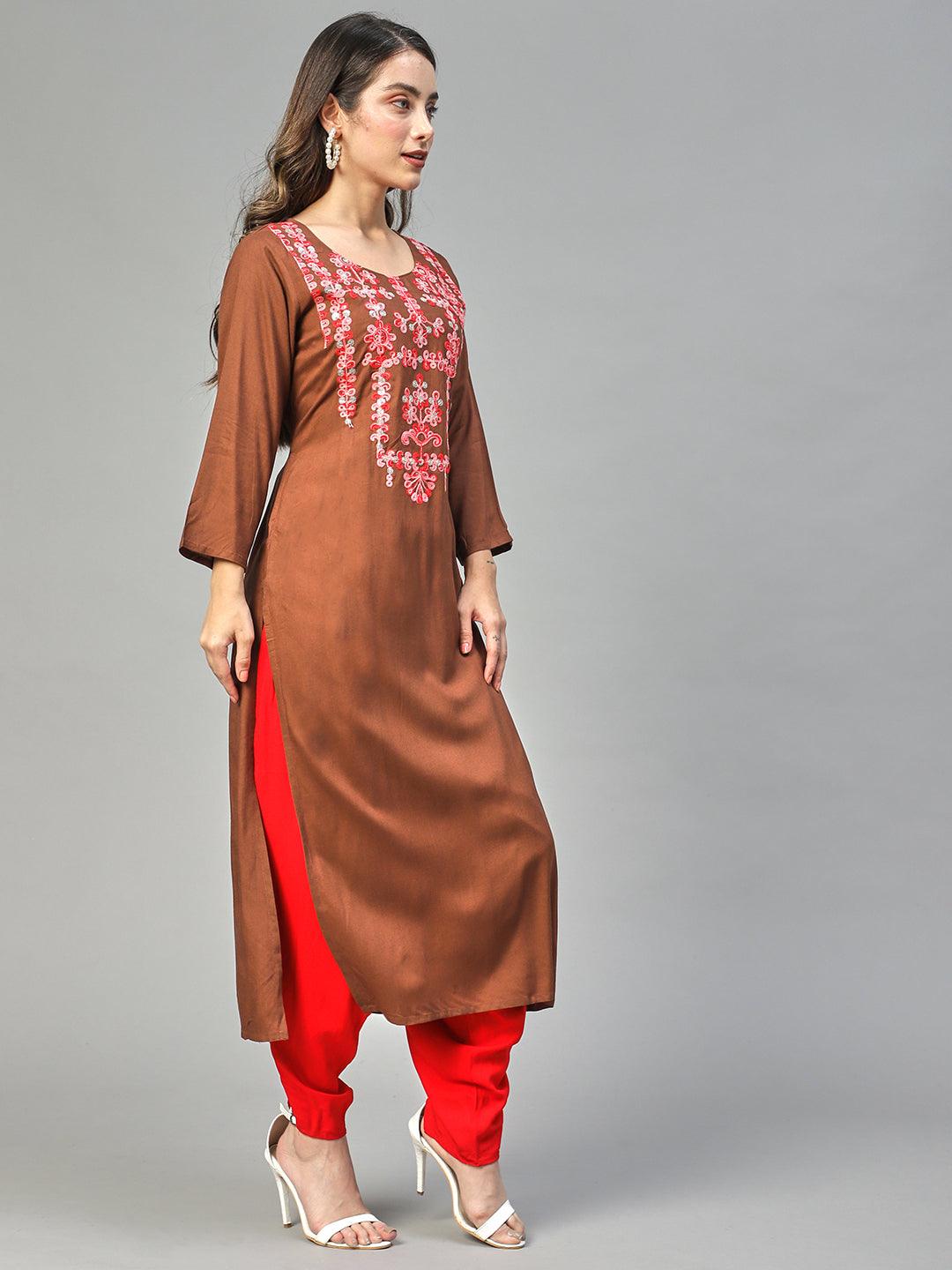 Ethnic Embroidered Straight Fit Kurta – Brown - Indiakreations