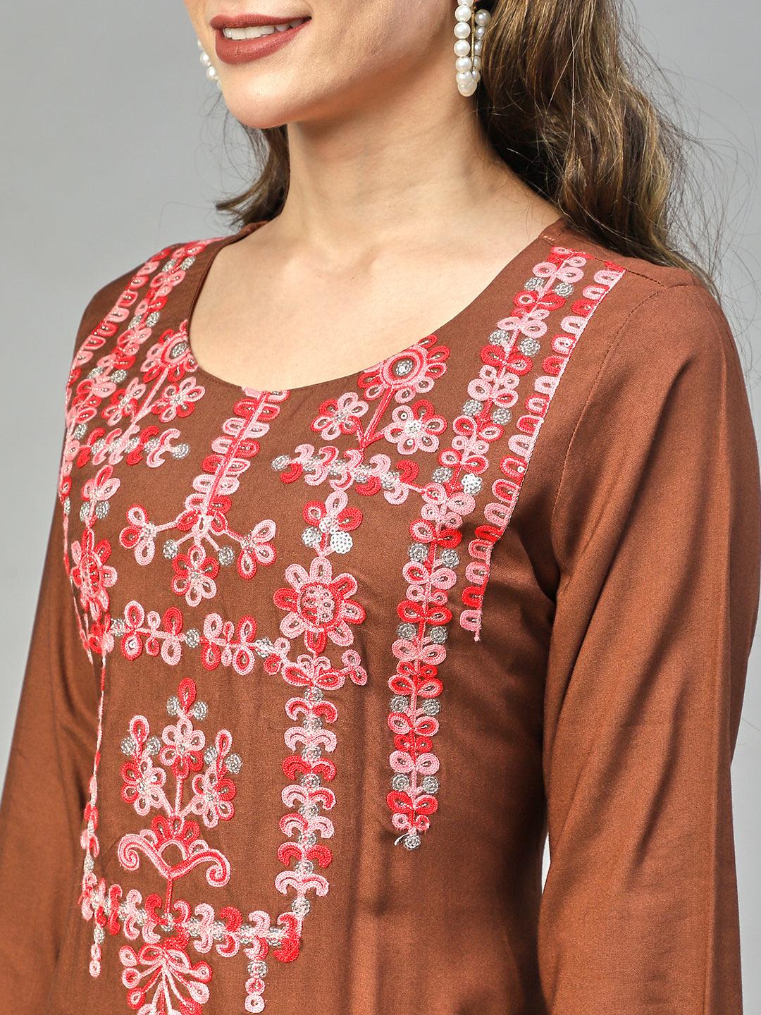 Ethnic Embroidered Straight Fit Kurta – Brown - Indiakreations