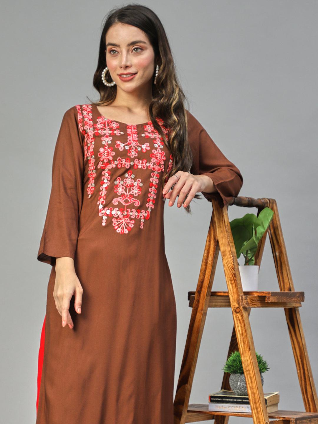 Ethnic Embroidered Straight Fit Kurta – Brown - Indiakreations