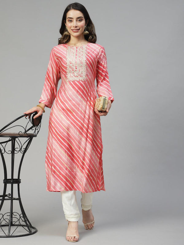 Leheriya Printed & Embroidered Straight Fit Kurta - Pink - Indiakreations