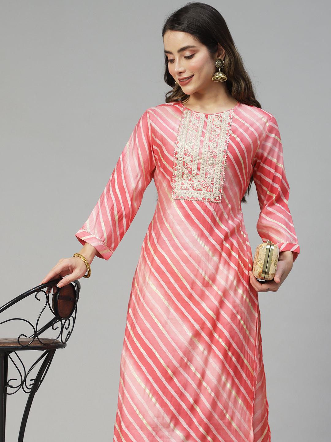 Leheriya Printed & Embroidered Straight Fit Kurta - Pink - Indiakreations