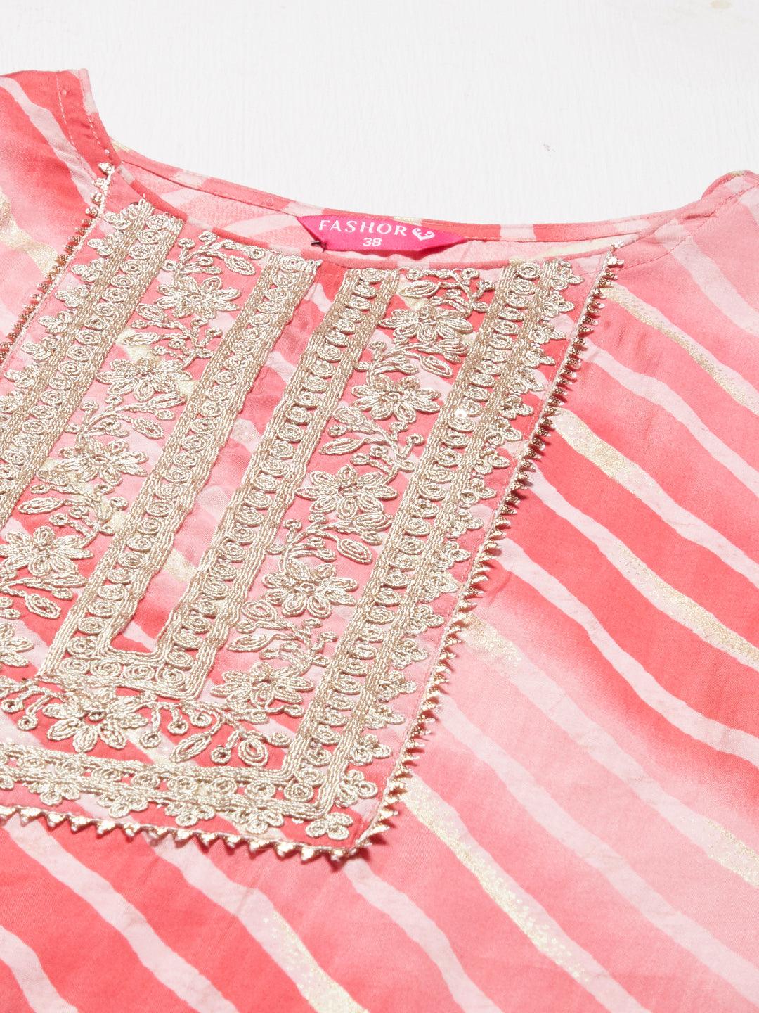 Leheriya Printed & Embroidered Straight Fit Kurta - Pink - Indiakreations