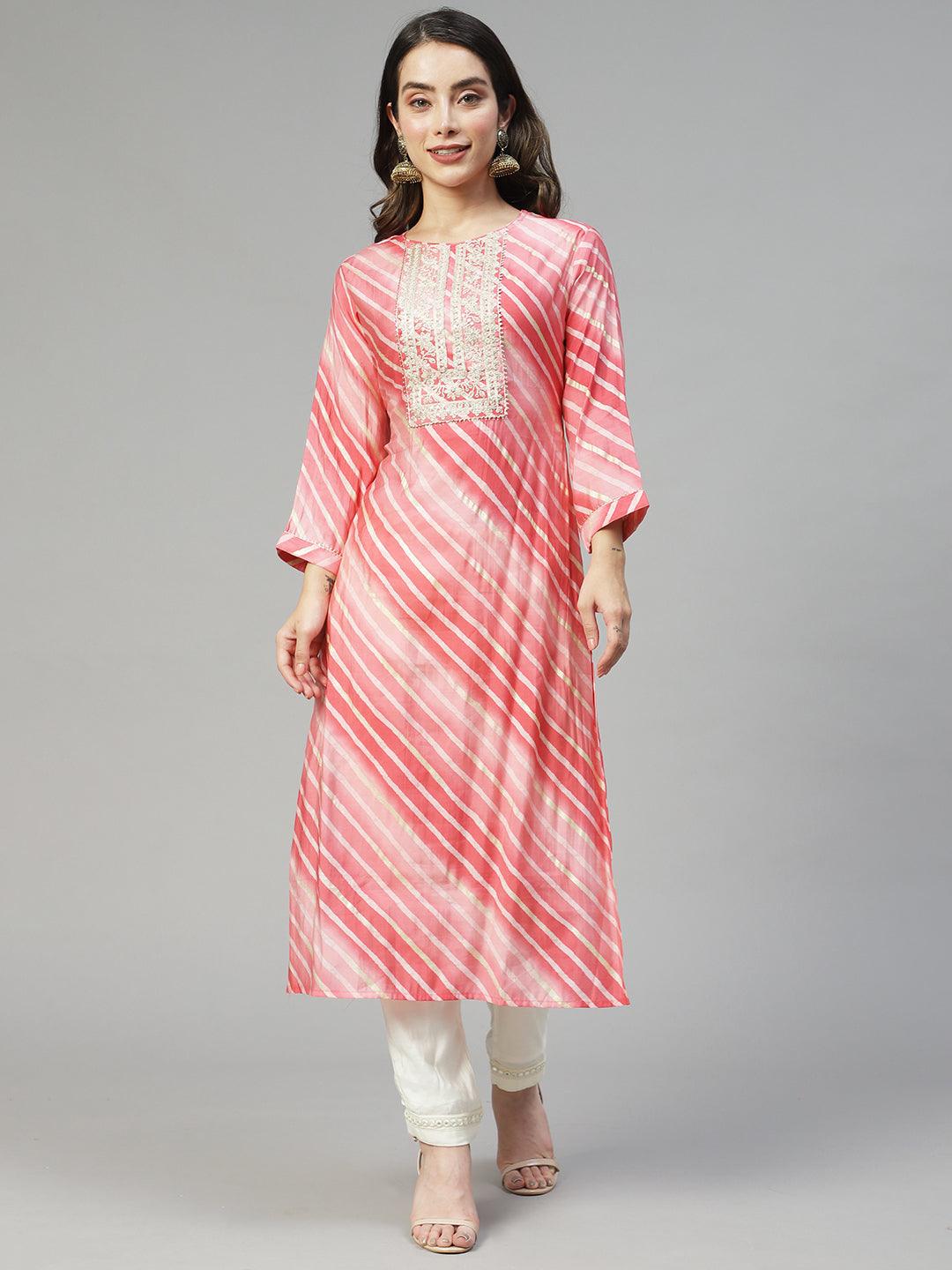 Leheriya Printed & Embroidered Straight Fit Kurta - Pink - Indiakreations