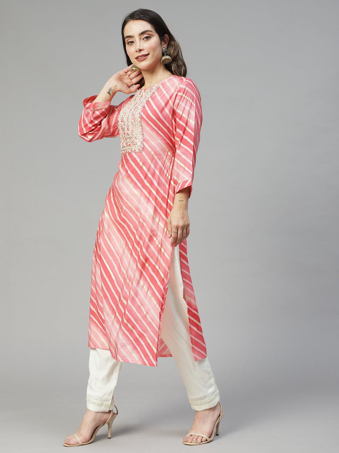 Leheriya Printed & Embroidered Straight Fit Kurta - Pink - Indiakreations