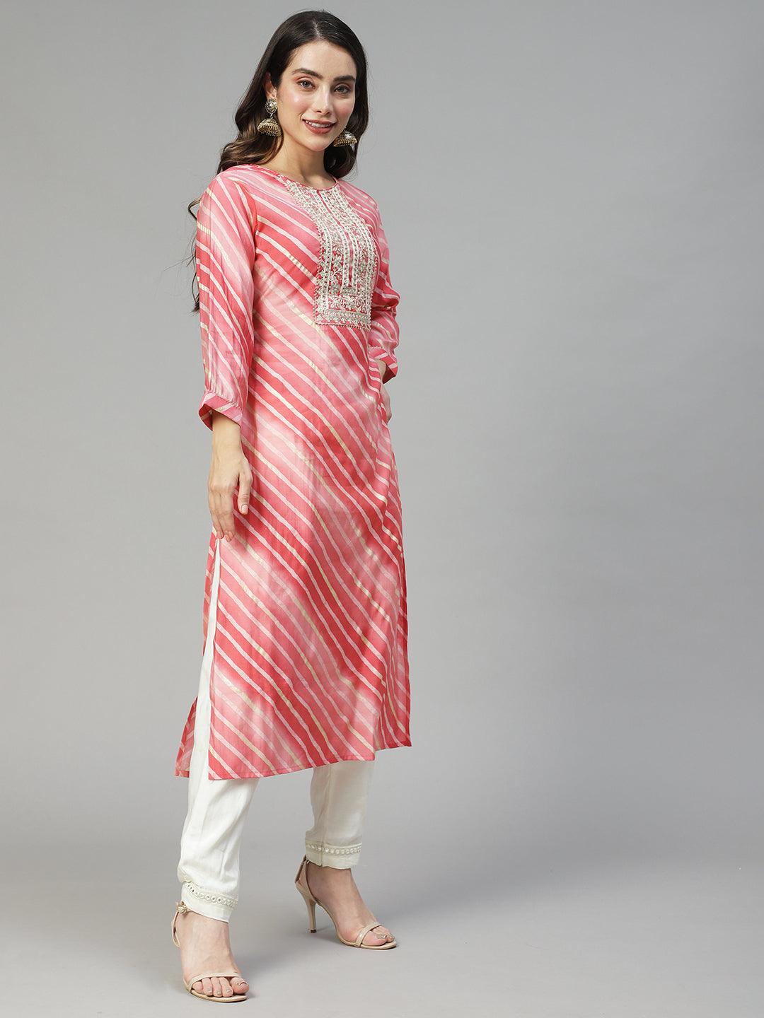 Leheriya Printed & Embroidered Straight Fit Kurta - Pink - Indiakreations