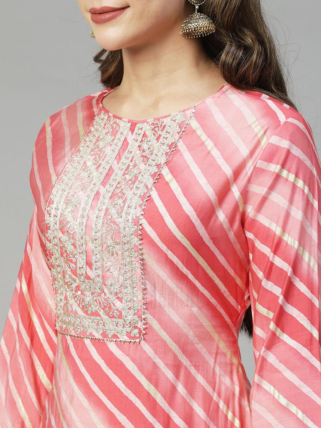 Leheriya Printed & Embroidered Straight Fit Kurta - Pink - Indiakreations